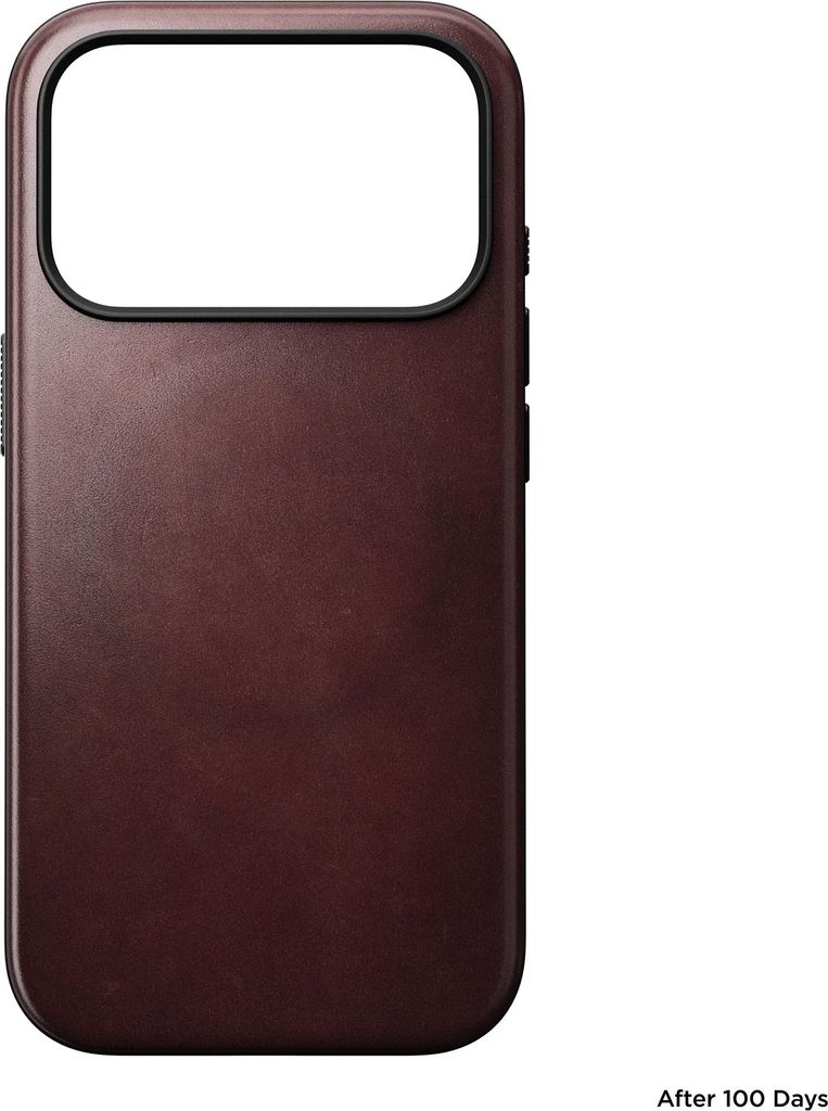 A brown leather phone case is shown against a white background.
