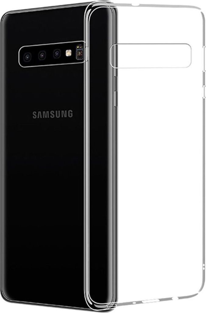 A clear protective phone case is shown next to a black Samsung phone.