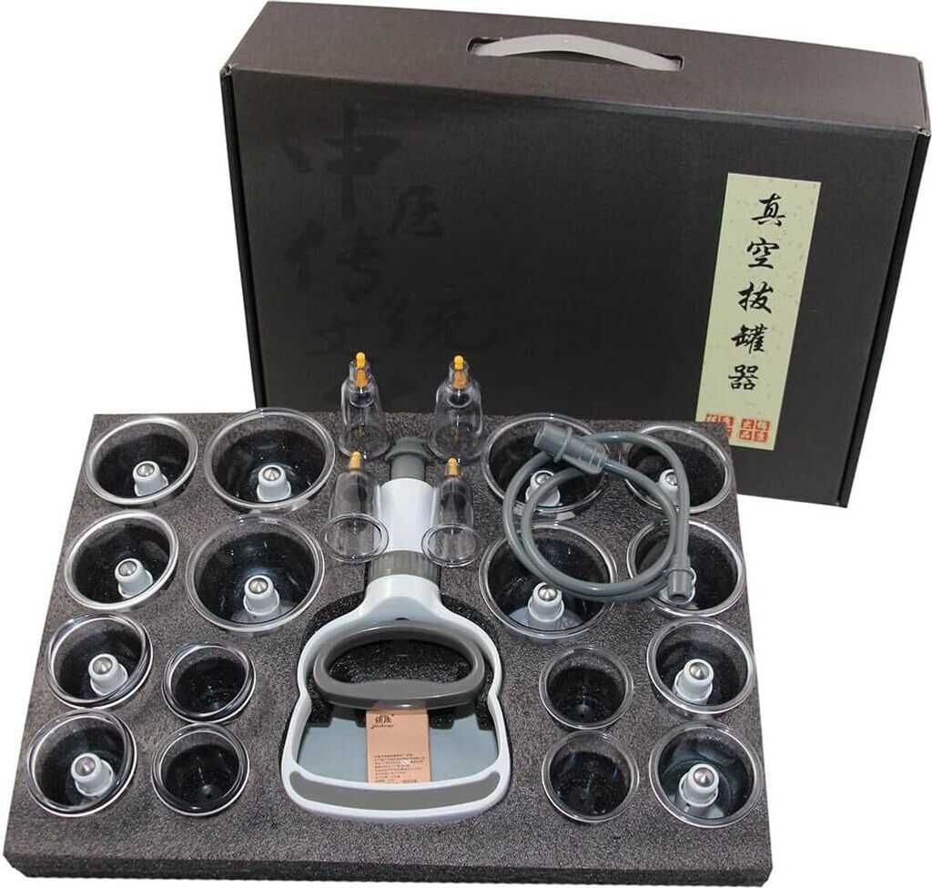 Schröpfen Set mit 20 Schröpfgläser aus Kunststoff mit Magneten + Vakuumpumpe