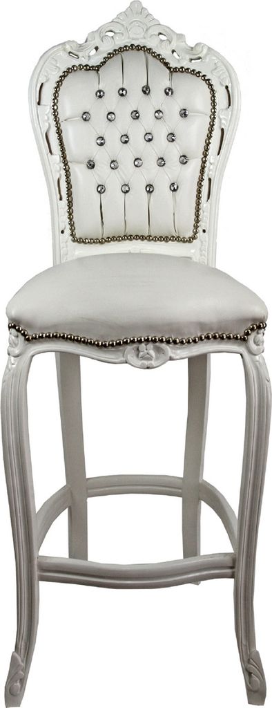 Casa Padrino Barock Barstuhl mit Kunstleder und Glitzersteinen Creme / Weiß 60 x 55 x H. 146 cm - Handgefertigter Hochstuhl - Barhocker - Barock B...