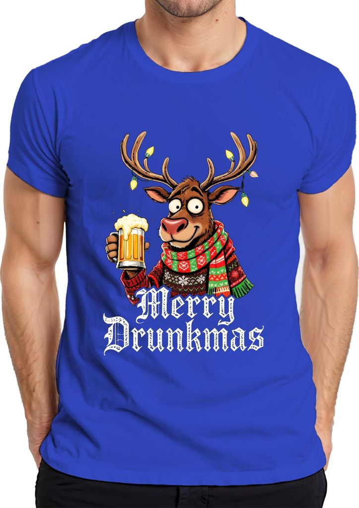 Merry Drunkmas Rentier mit Bier Weihnachten lustig Geschenk Party Herren T-Shirt, Blau, M