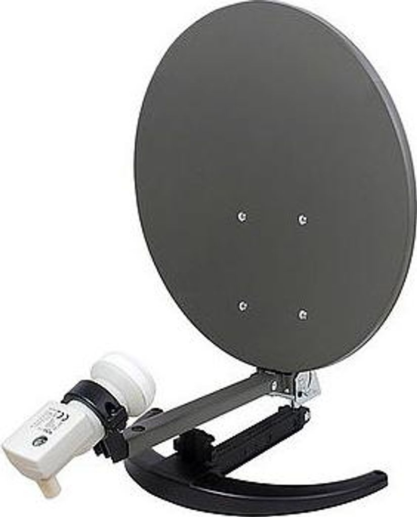 A satellite dish with its LNB attached, shown against a white background.