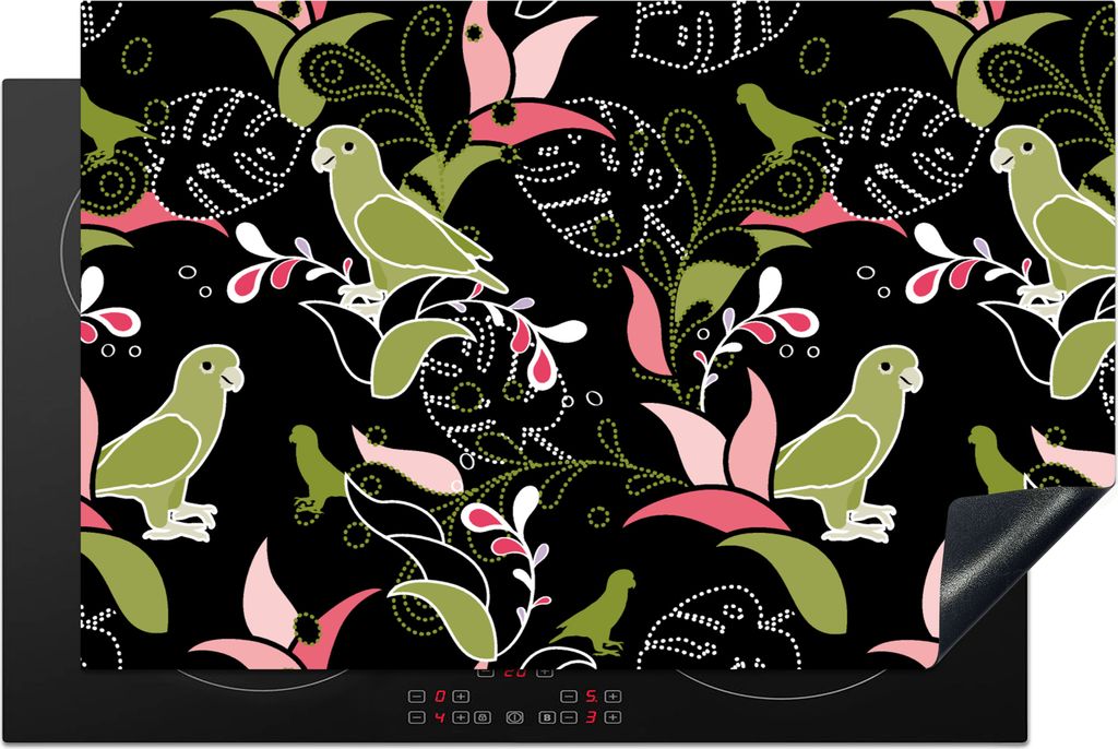 KitchenYeah Herdabdeckplatte Dschungel - Vogel - Muster , 81x52cm, Küche Deko, Glaskeramikfeld Herdabdeckung, Abdeckplatte fùr Kochfeld