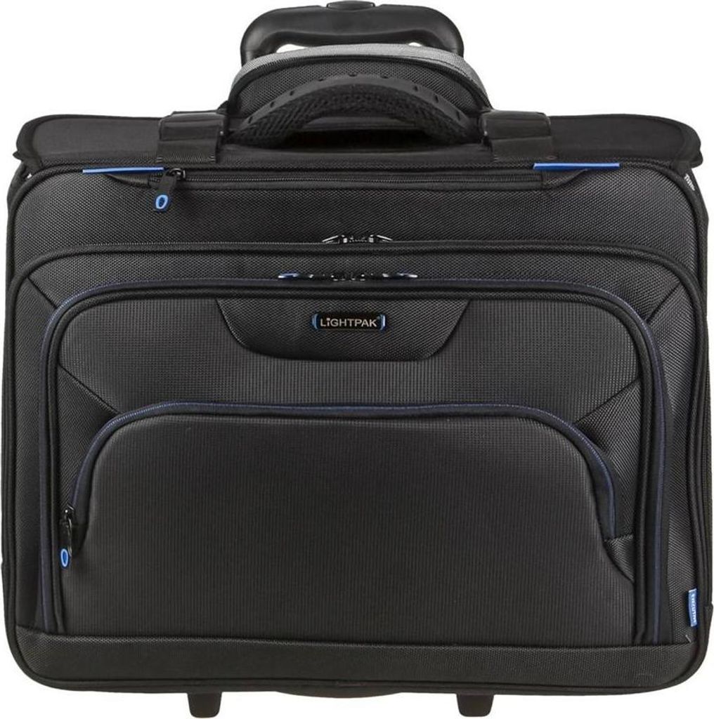 A black business notebook trolley with wheels and a retractable handle.