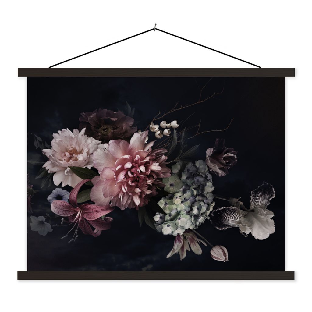 MuchoWow Textilposter Blumen - Vintage - Pastell - Rosa - Weiß 120x90 cm mit schwarzem Rahmen - Aufhänger für Poster