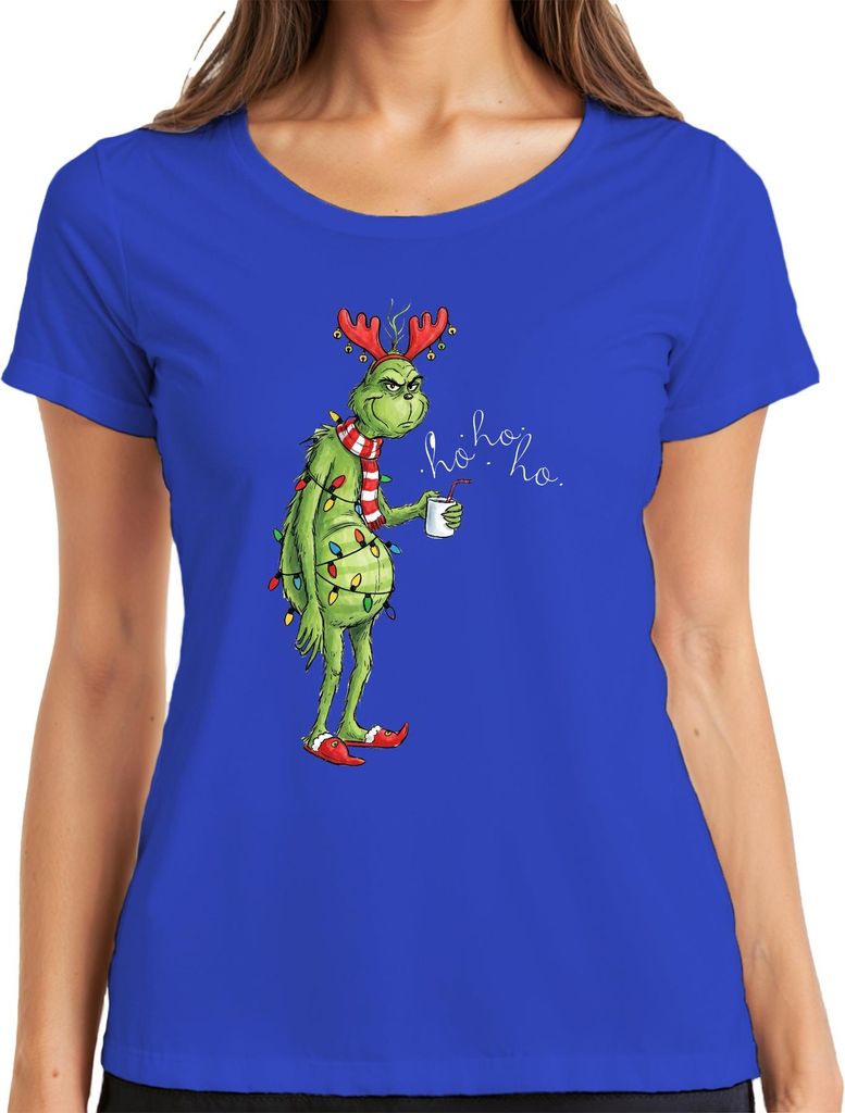 ho ho ho Grumpy Grinch Weihnachten lustig Lichterkette Rentierhörner Damen T-Shirt, Blau, S