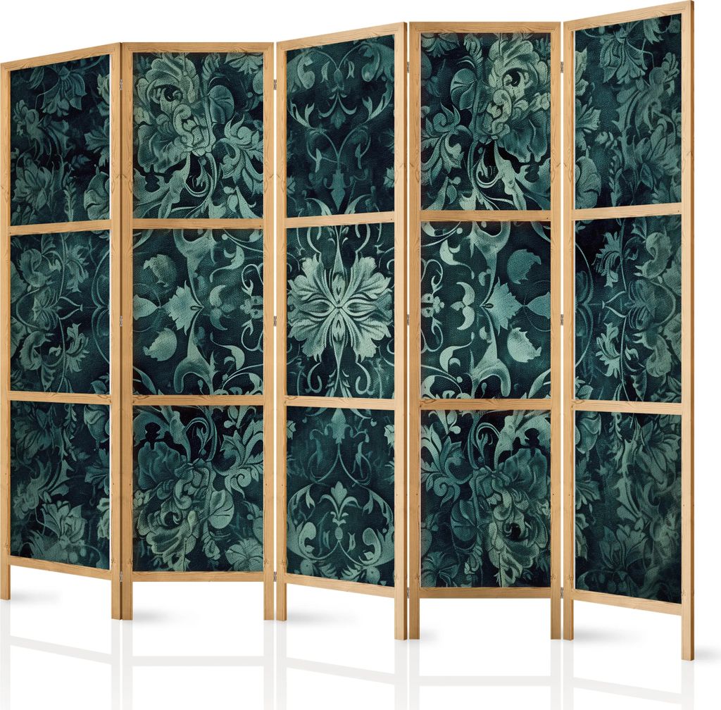 5-teiliger Einseitiger Vlies Japanischer Paravent - Oriental Pattern Carpet - Emerald Ornaments and Worn Patterns 225x172 cm Blumen p-H-10001-bh-b