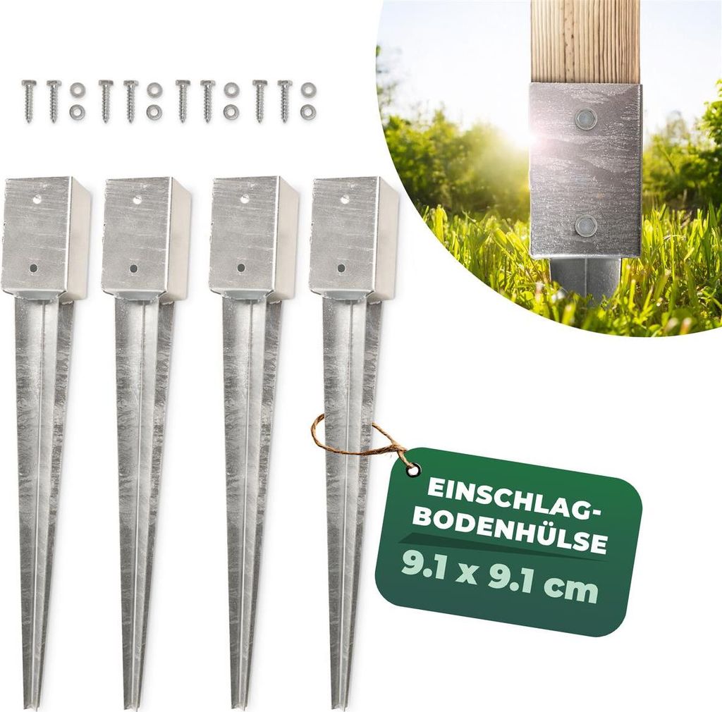 Novatool 4x Einschlagbodenhülsen-Set 91x91x750 mm, Bodenhülse Sonnenschirm Pfostenträger Zaunpfosten Holzpfosten Bodenhülsen Einschlaghülse Bo...