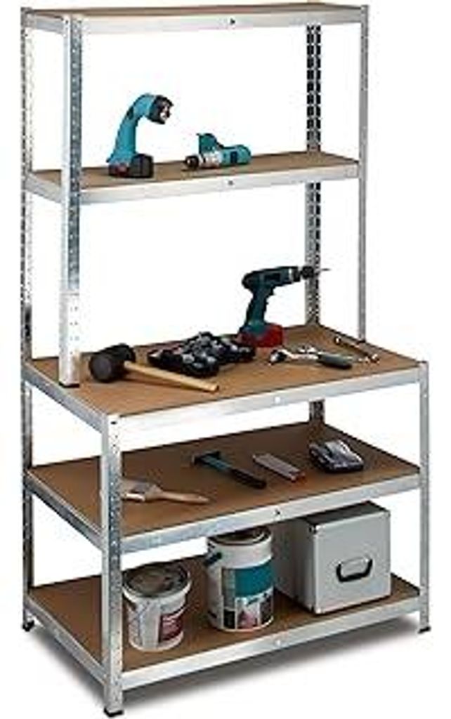 Schwerlastregal mit Werkbank, 900 Kg 5 Böden, Freistehend, HBT 180x 100 x 60 cm, Metall, MDF, Steckregal, grau