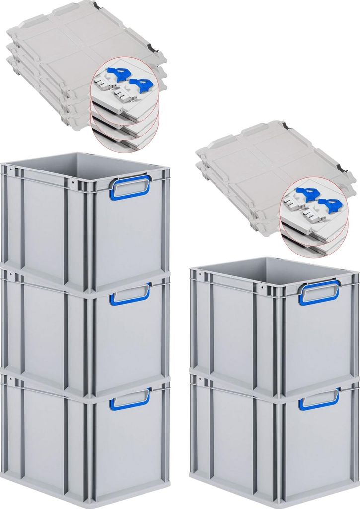 SuperSparSet 5x Eurobox NextGen Color mit Scharnierdeckel und Schiebeschnappverschlüssen | HxBxT 32x30x40cm | 30 Liter | Griffe blau geschlossen |...
