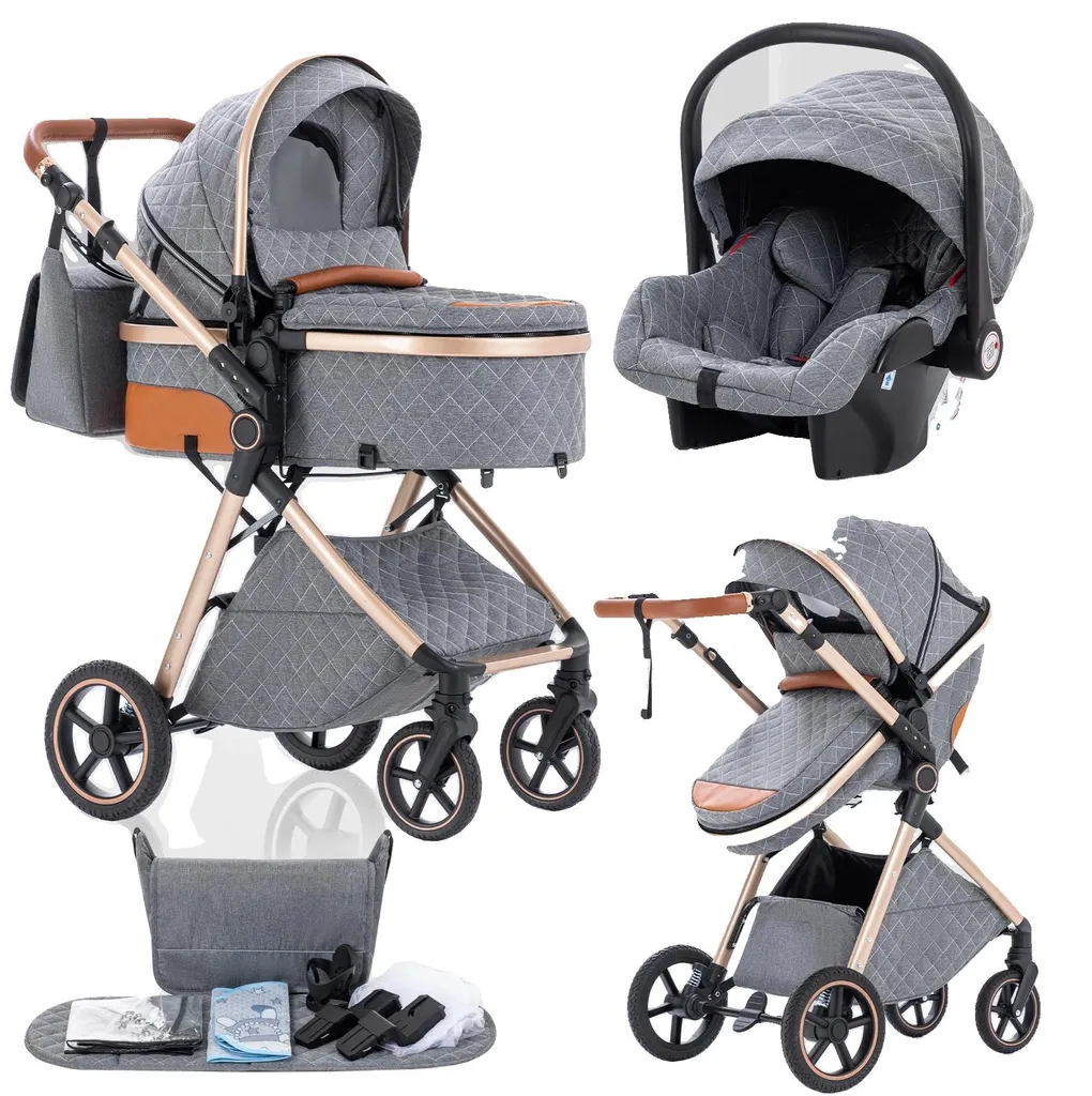 Poussette V8 GRIS pliable motif à carreaux et poignée ergonomique pro