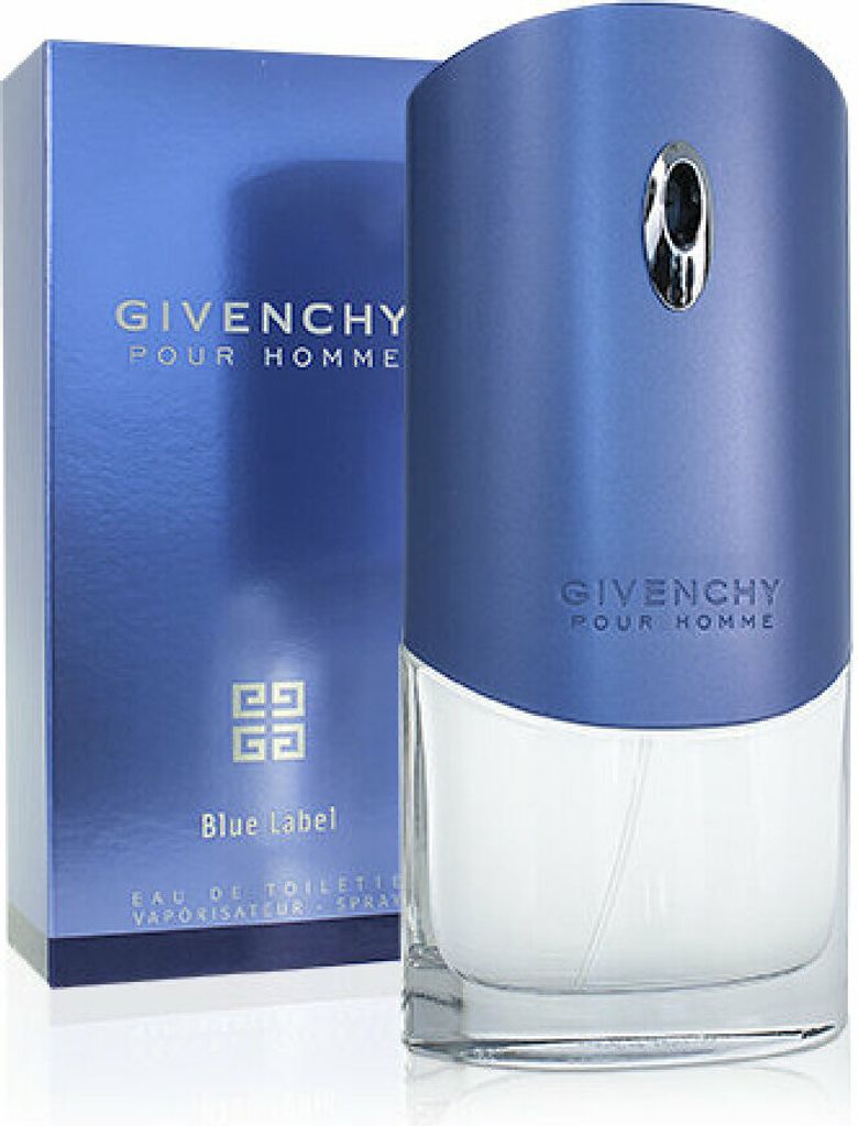 A bottle of Givenchy Pour Homme Blue Label eau de Toilette and its packaging are displayed.