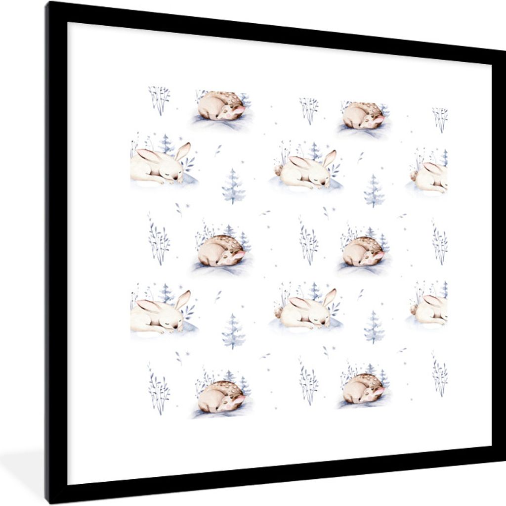 MuchoWow Gerahmtes Poster Winter - Kaninchen - Hirsche 40x40 cm - Poster mit Schwarzem Bilderrahmen Wandposter Rahmen Foto Bilder - Poster - Plak...