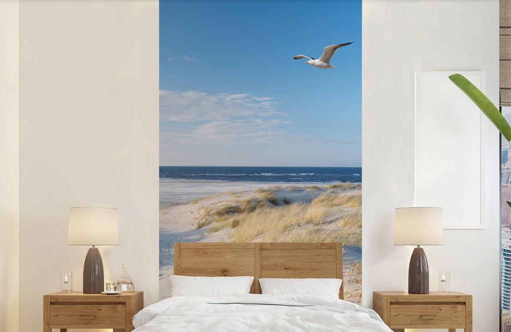 MuchoWow Fototapete für Wohnzimmer oder Schlafzimmer Wandtapete Vinyl Motivtapete Düne - Möwe - Strand - Meer - Sonne - 120x240 cm - Hintergru...