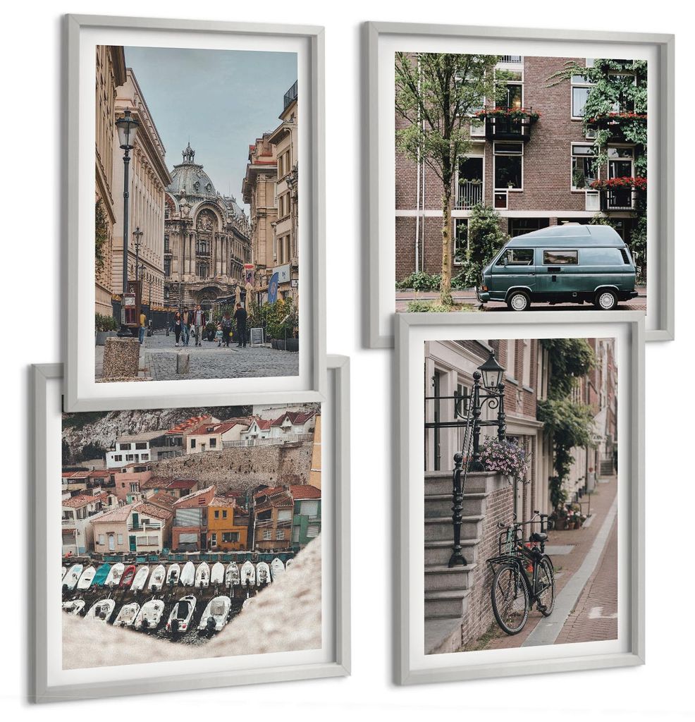 Bilder Set 4-teilig im silbergerahmten Rahmen – Wandbilder 4 Stück – gerahmte Poster für Wohnzimmer, Schlafzimmer und Flur – 50x50 cm - 40x...