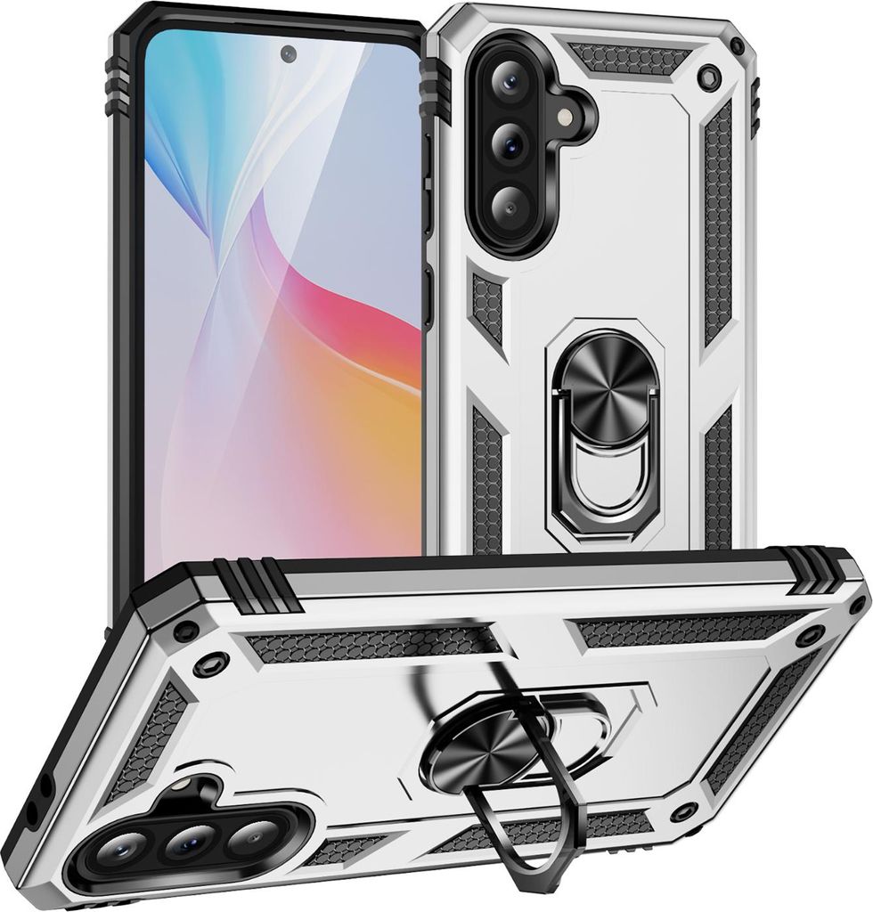 Schutzhülle für Samsung Galaxy A36 Dual Layer Robust Militäre Fallschutz Hülle mit Ringhalterung Ständer Silber