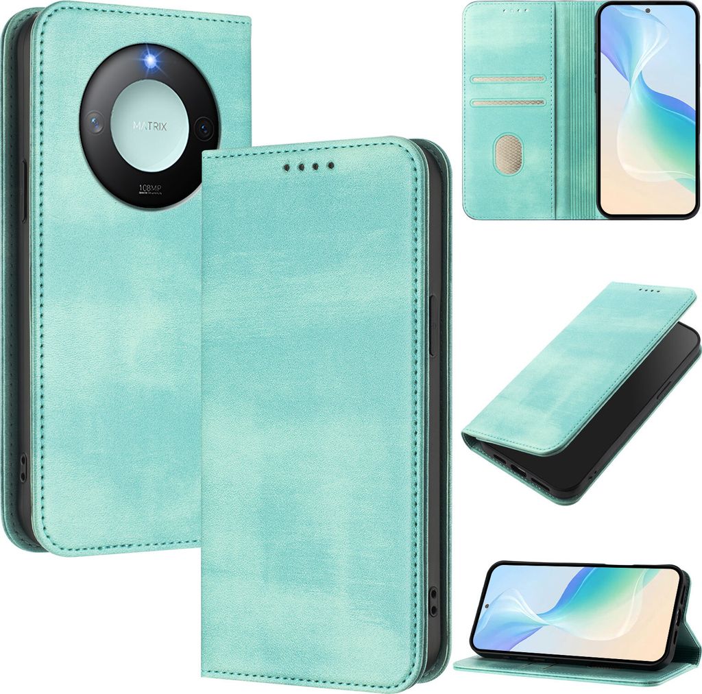 Handyhülle für Honor X9C Smart, Vintage Leder RFID Schutz Kartenfach Standfunktion Magnetische Klapphülle Türkis