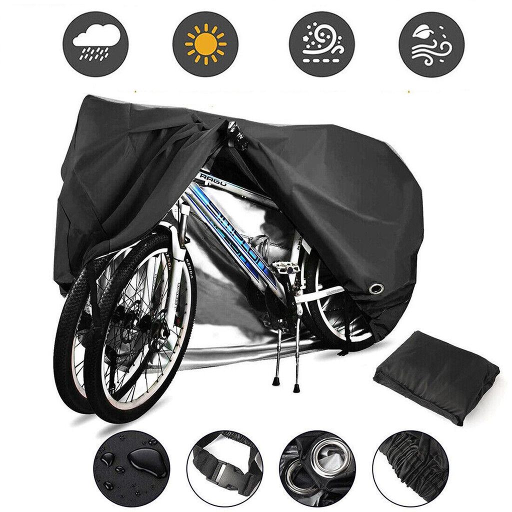 A collage of images showing a black bicycle cover, its features, and icons representing weather protection.
