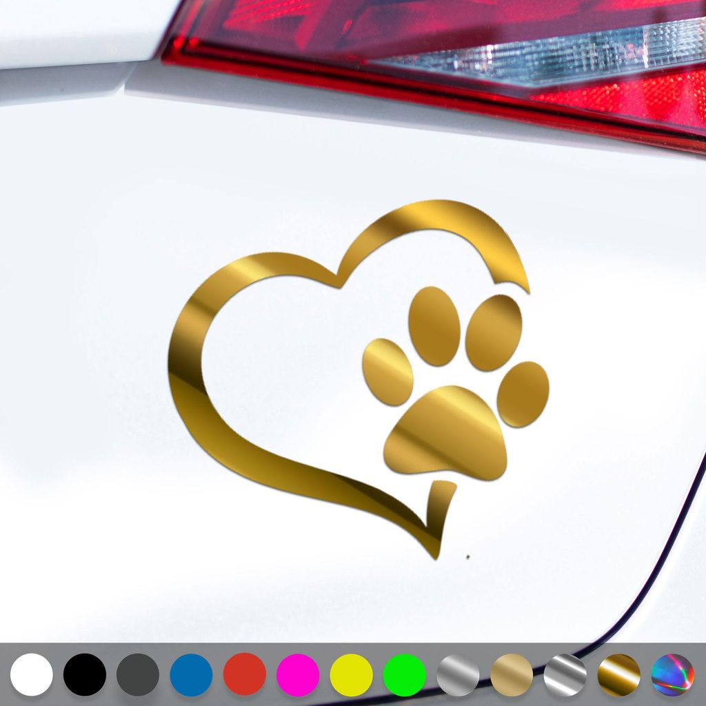 PantherPixel Pfote Aufkleber Herz Welpen Tatzen Katze Hundepfote Sticker Auto Geschenkidee Farbe Chrom-Gold