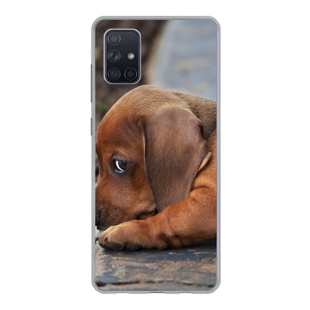MuchoWow Handyhülle Schutzhülle Hülle für Samsung Galaxy A71 Dackelwelpe liegt am Rande des Bürgersteigs Silikon Softcase Handy Hülle - Kar...
