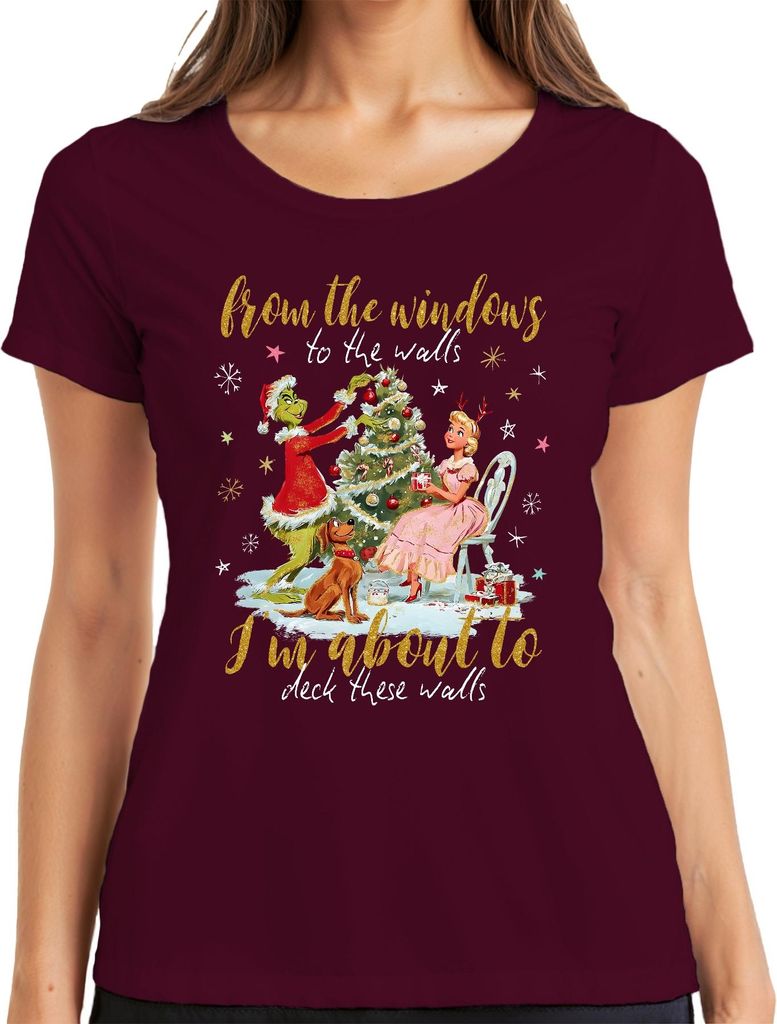 From the windows to the walls Grinch Christmas funny retro gift Damen T-Shirt, Burgundy, XL