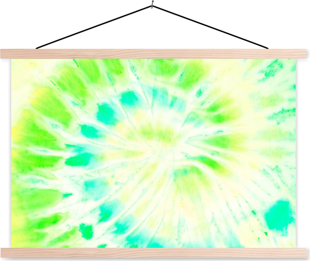 MuchoWow Textilposter Krawattenfärbung - Kunst - Gelb - Grün 120x80 cm mit holzfarbenen Rahmen - Aufhängeset