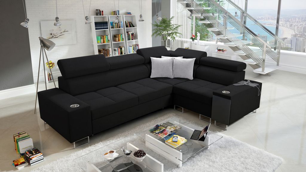 Ecksofa mit Schlaffunktion Sofa MOREN II Eckcouch L-Form Rechts Schwarz SAWANA 14 IM SOFA