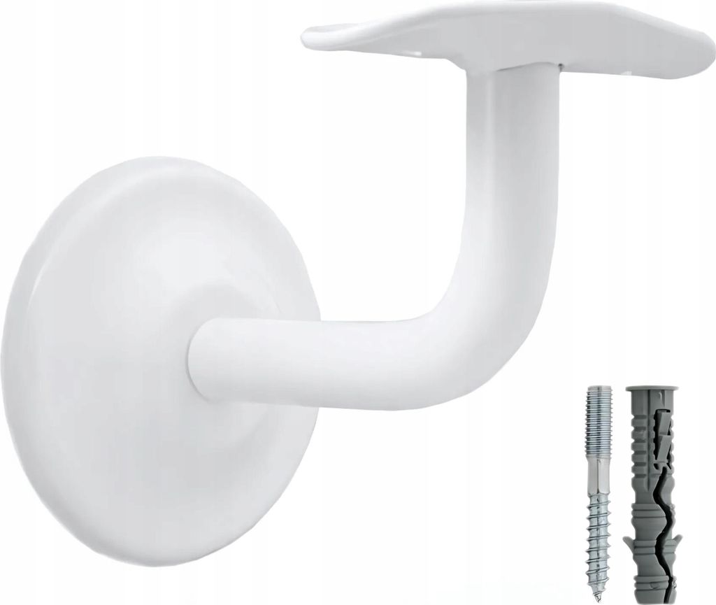 A white handrail bracket and mounting hardware are shown against a white background.