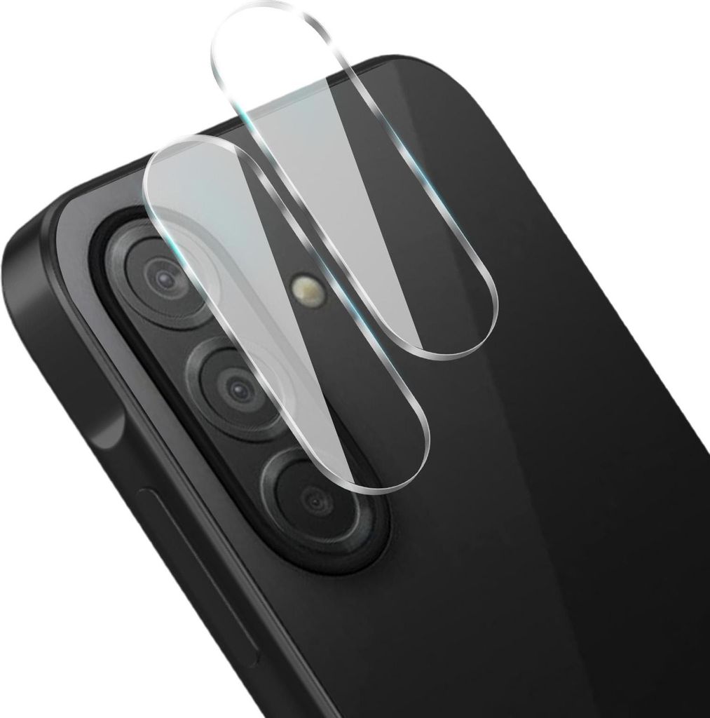 A close-up shot of two clear glass camera lens protectors being placed on the camera module of a black smartphone.