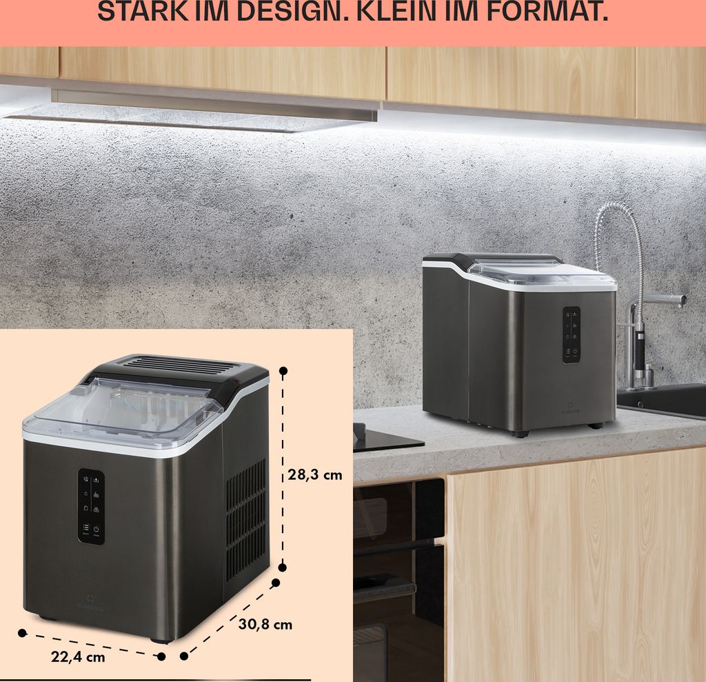 Klarstein Powericer Eiswürfelmaschine – 20 Kg/24h, 3,5 Kg Behälter, Edelstahl, LED-Display, R600a, Inkl. Schaufel