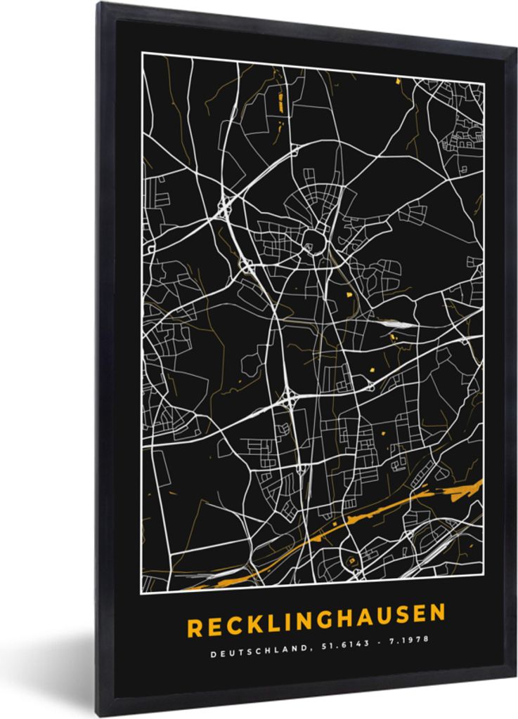 MuchoWow Gerahmtes Poster Gold - Deutschland - Karte - Stadtplan - Recklinghausen 20x30 cm - Poster mit Schwarzem Bilderrahmen Wandposter Rahmen ...