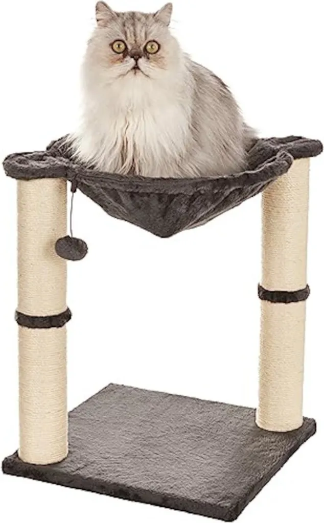 Petit arbre à chat design gris avec lit douillet et griffoir intégré
