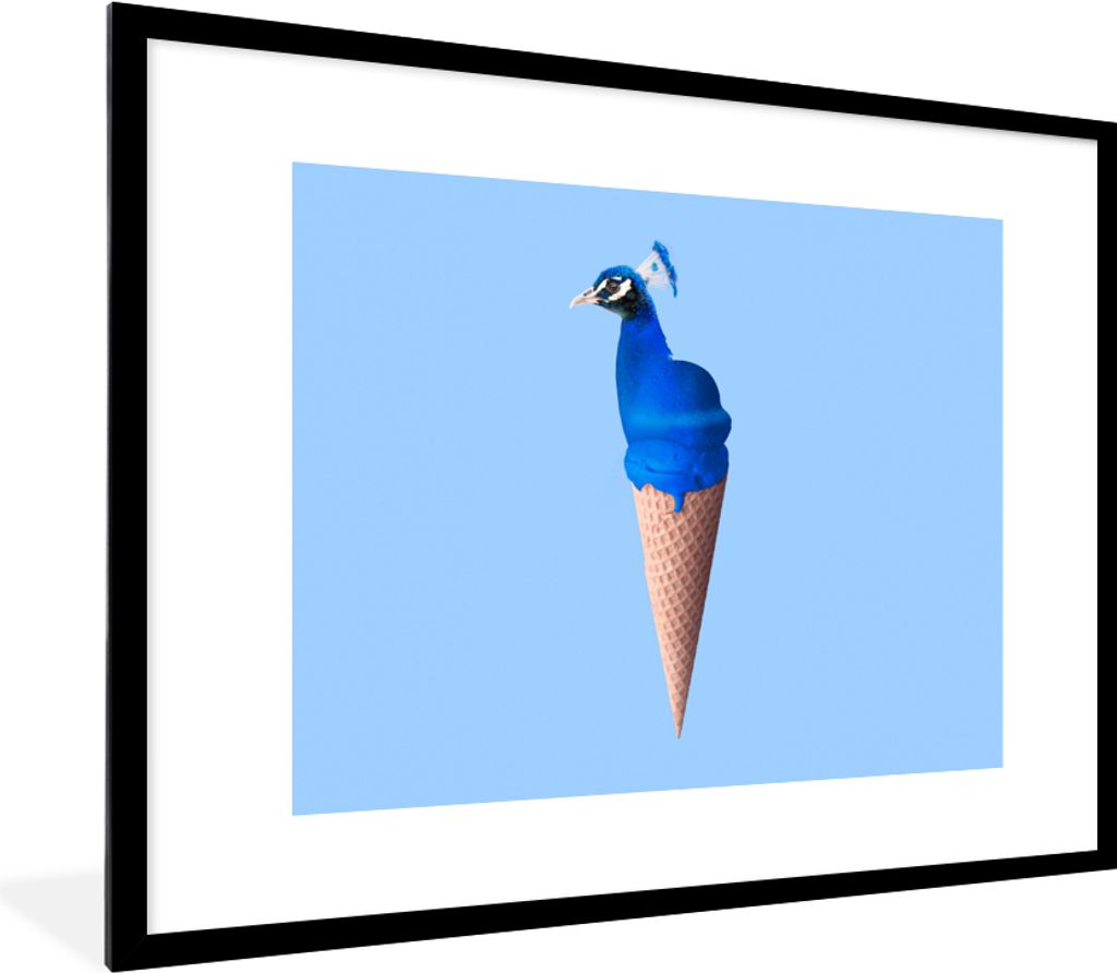 MuchoWow Gerahmtes Poster Pfau - Eistüten - Eiscreme - Blau - Vogel 80x60 cm - Poster mit Schwarzem Bilderrahmen Wandposter Rahmen Foto Bilder -...