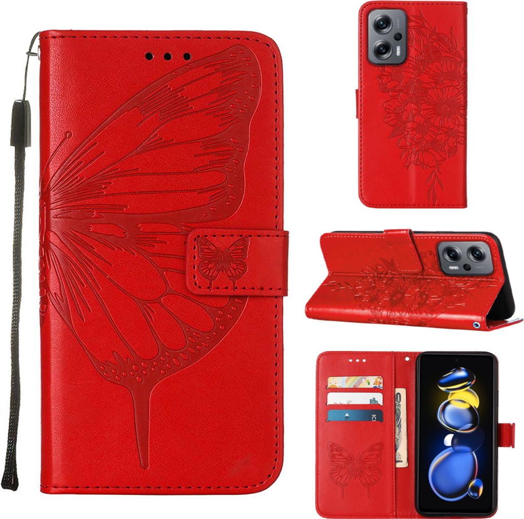 Xiaomi Poco X4 GT 5G Hülle, Schmetterling Prägung Flip Leder Kartenfächer Schutzhülle Ledertasche mit Ständer für Xiaomi Poco X4 GT 5G Rot