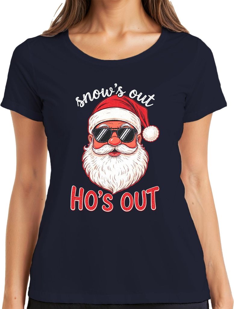 Snow's out Ho's out Weihnachtsmann Sonnenbrille Lustig Vintage Damen T-Shirt, Navy, 3XL
