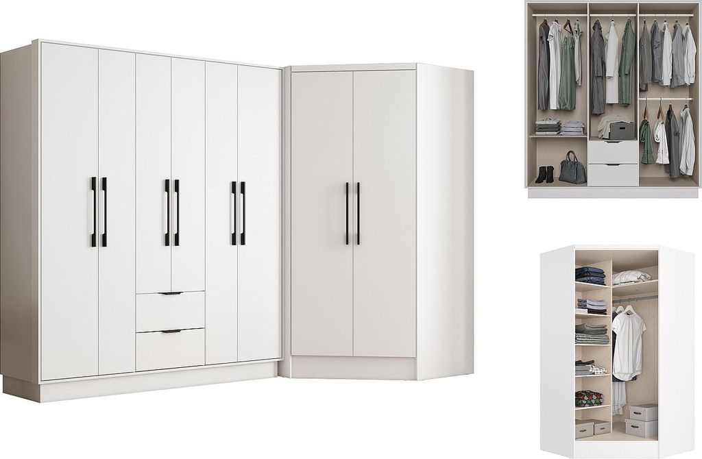 Eckkleiderschrank mit 8 Türen & 2 Schubladen - 263 cm - Weiß - FEOVA