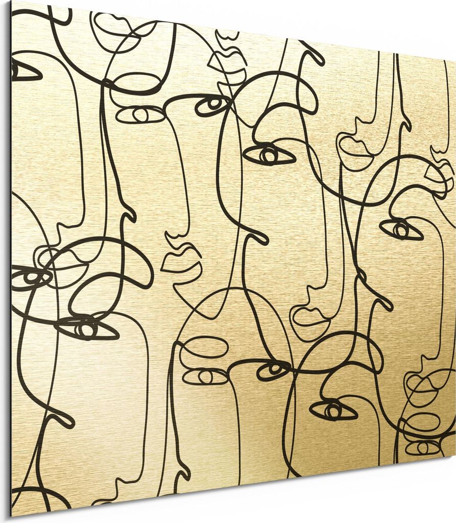 DEQORI Alu-Dibond Bild Gold 80x60 cm 'Linien formen Gesichter' Wandbild Metall dünn