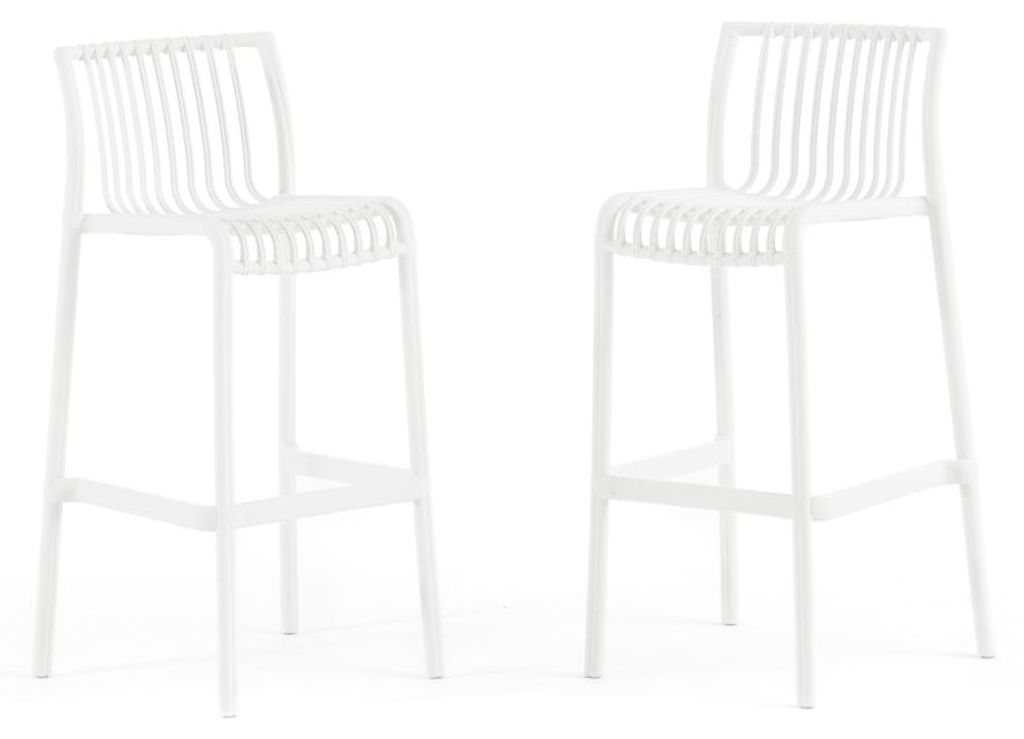 Set aus 2 Outdoor-Barhockern, stapelbar aus Polypropylen, Bambus-Design für Garten, Terrasse, Bar und Restaurant – Olimpia XL/Weiß