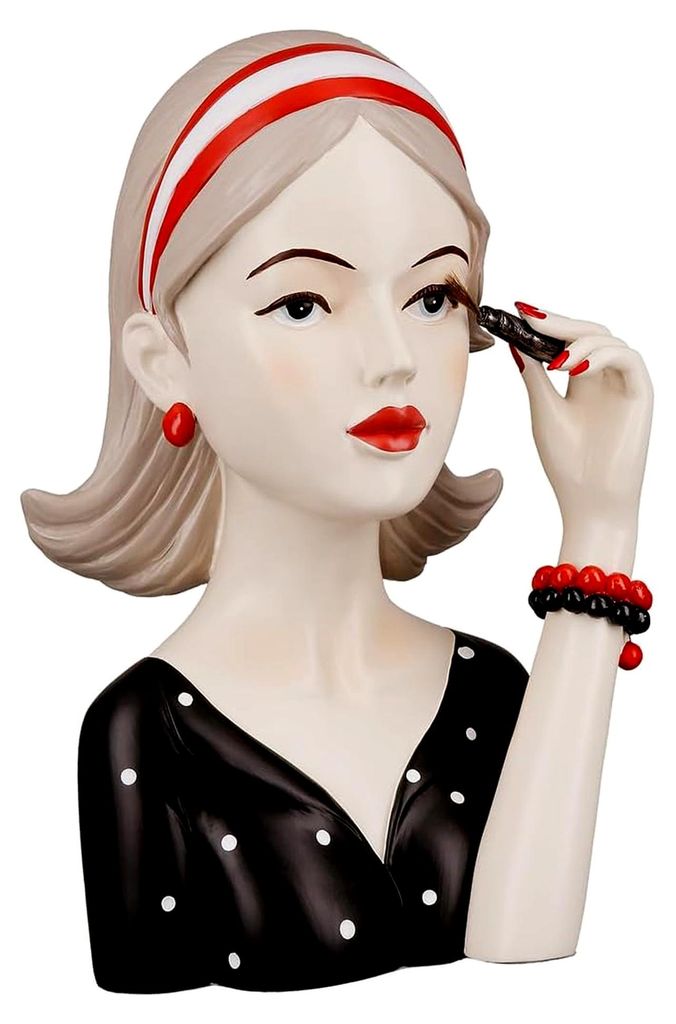 Deko Skulptur Figur Frau mit schwarzem Shirt - roter Mund und Wimperntusche - Moderne Wohnraumdekoration - Höhe 26 cm - schwarz rot Creme