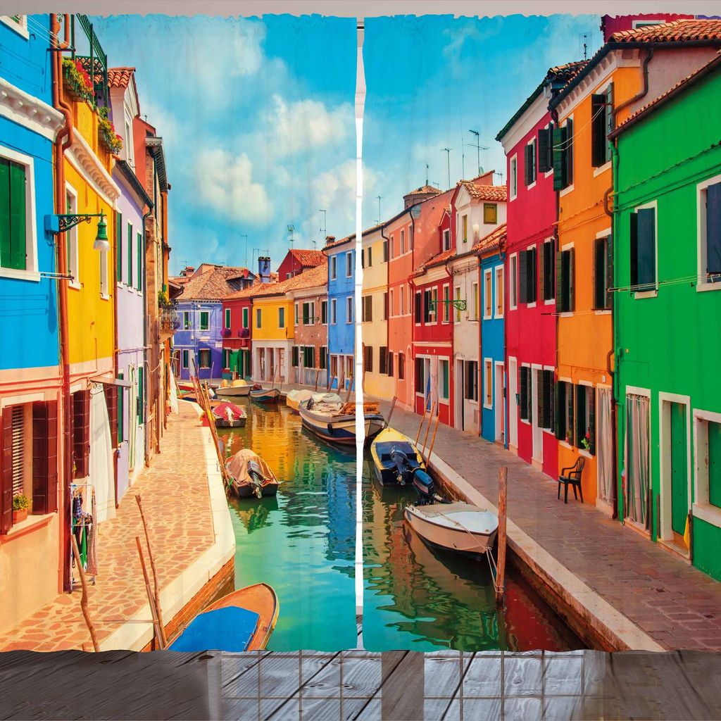 ARANDE Venedig Gardine, Bunter Gebäude-und Wasser-Kanal mit Booten Burano Island in der venetianischen Lagune, 280 x 175 cm, Mehrfarbig