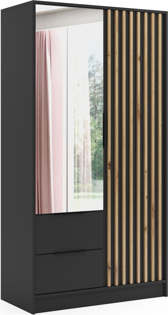 ALTDECOR Kleiderschrank NERA mit Spiegel und selbstschließenden Flügeltüren mit Lamel - 100 cm Schwarz / Artisan