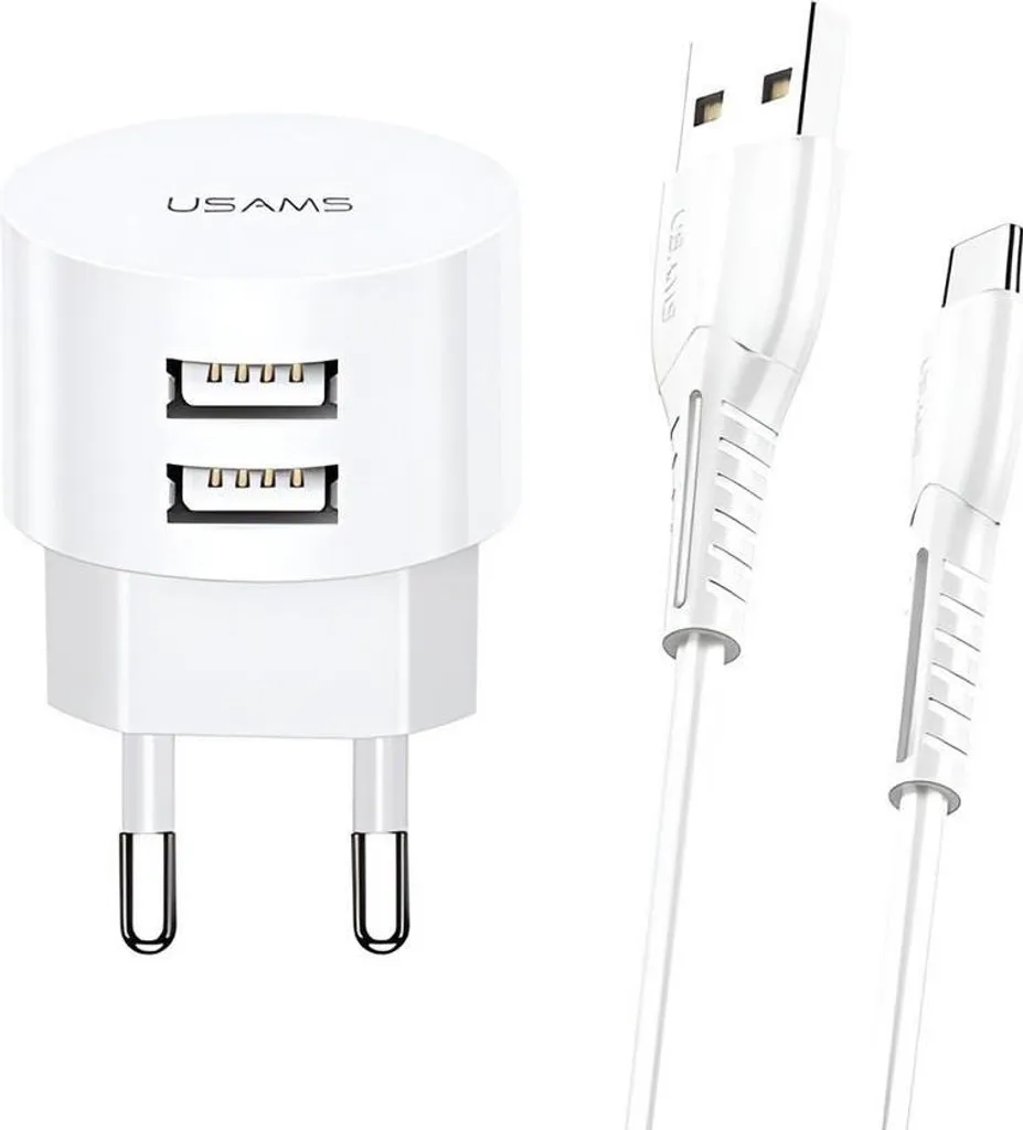 Usams Ład. Rete. 2Xusb T20 2.1A Microusb Bianco/Bianco Rotondo Ricarica Rapida Xtxlogt18Mc05