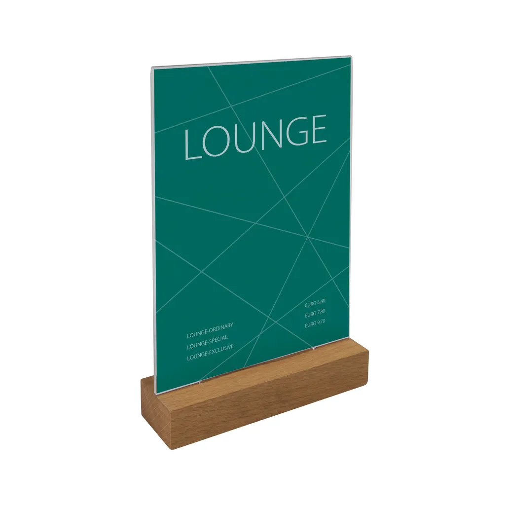 Présentoir Acrylique A5 Incolore et Socle Bois Stable Design Droit