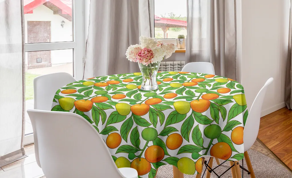 ABAKUHAUS Tovaglia rotonda con motivi fruttati, agrumi stagionali e mandarini, tovaglia circolare per decorare la sala da pranzo e la cucina, 150 cm, arancione e verde lime