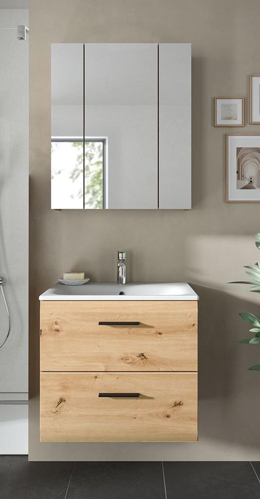 Badmöbel-Set 2-teilig in Eiche, mit Spiegelschrank & 60 cm Waschtisch - IGGESUND-158