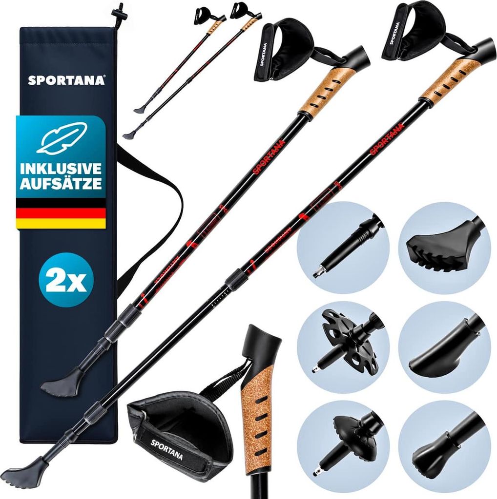 SPORTANA 2er Set Wanderstöcke Teleskop mit Aufsätze Gummipuffer Tasche Nordic Walking Stöcke 68-135cm Dämpfung Leicht Herren Damen Trekkingst...