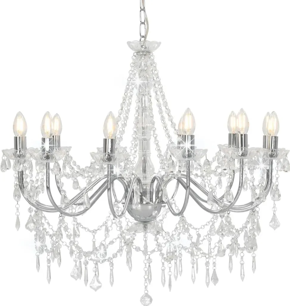 Plafonnier lustre argenté à perles cristal 12 lumières E14 grand format