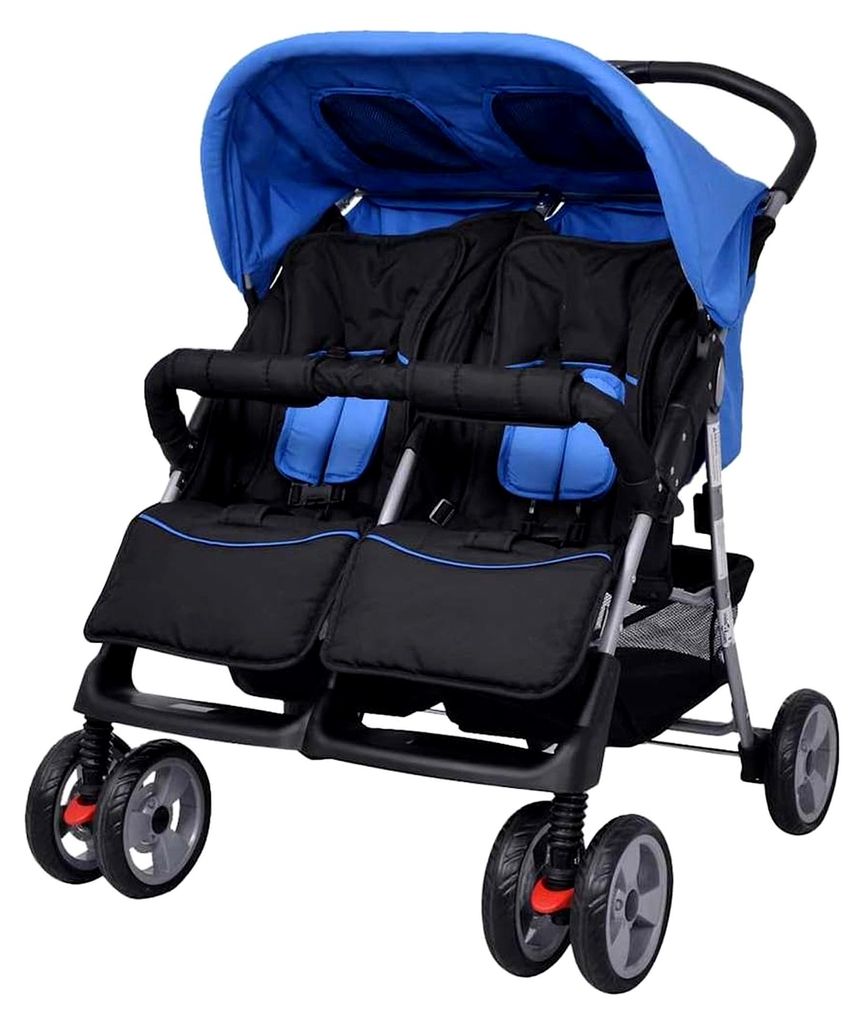 Doppelkinderwagen, Zweisitzer-Kinderwagen für Zwillinge, faltbar, Stahl, Blau und Schwarz