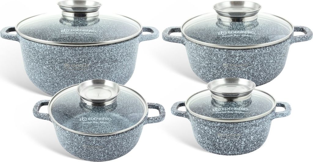Graues Topfset 8tlg Topf Kompotttopf Suppentopf Kochtopf Keramik Marmor Induktionstöpfe GLASDECKEL (1.3L / 2.3L / 4.5L / 6.8L)