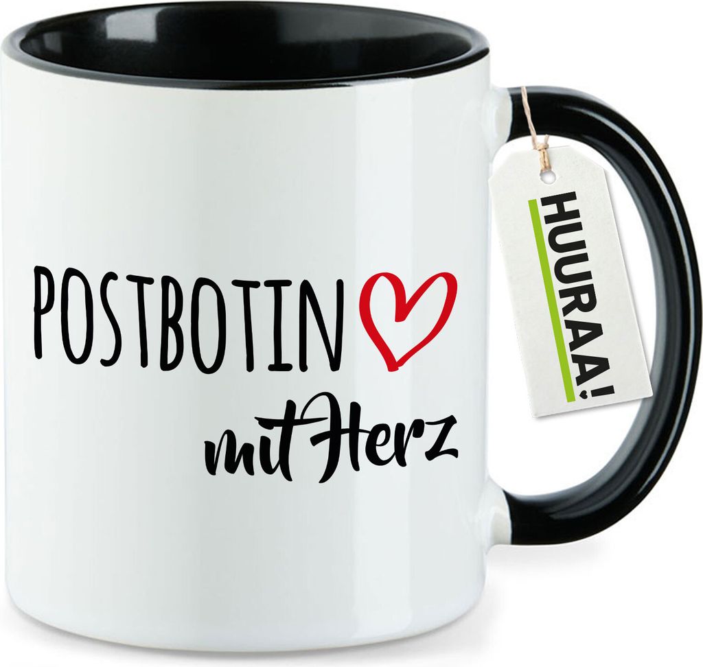 Huuraa Kaffeetasse Postbotin mit Herz 330ml Schwarz Keramik Kaffeebecher Geschenkidee